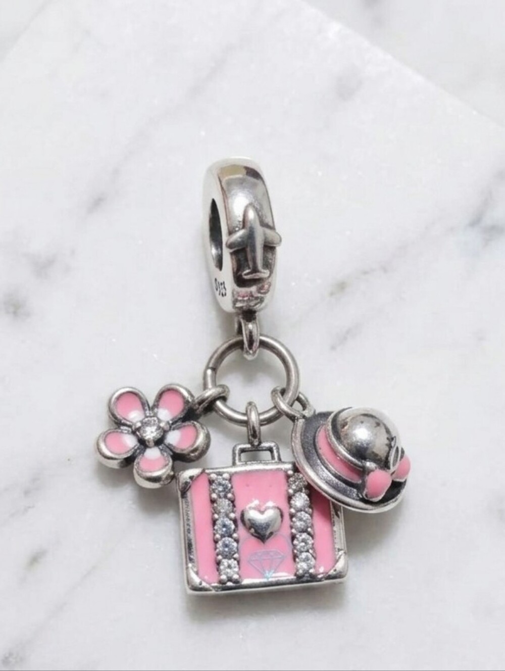 Sterling Silver Pink Travel Charm Dangle with Flower & Hat